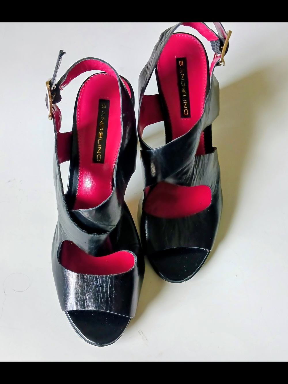 Bandolino Black Leather Open-Toe Slingback Heels with Pink Insole
